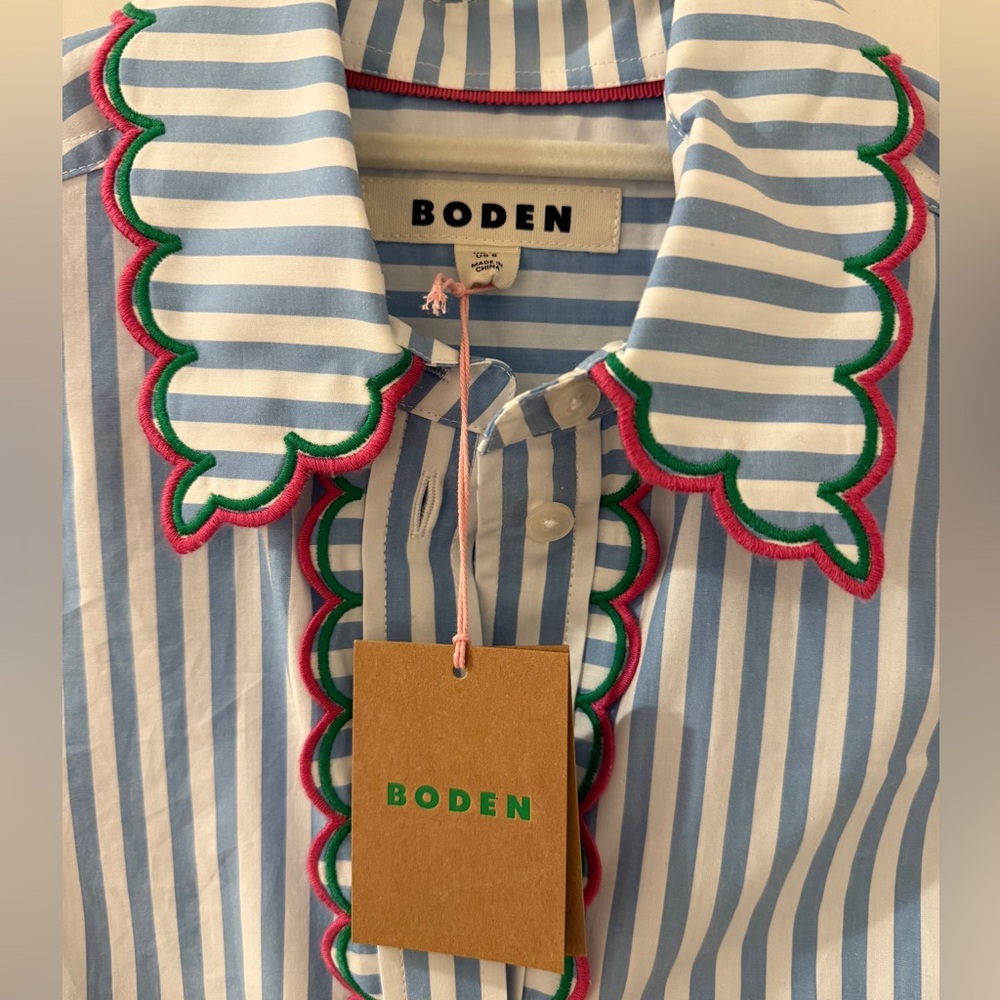 Boden Blue and White Striped Top with Scalloped Collar